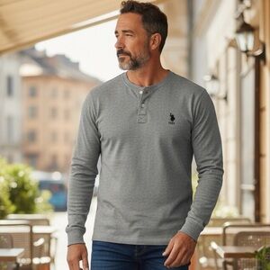 #164 US Polo association Men's Charcoal Long Sleeve Henley